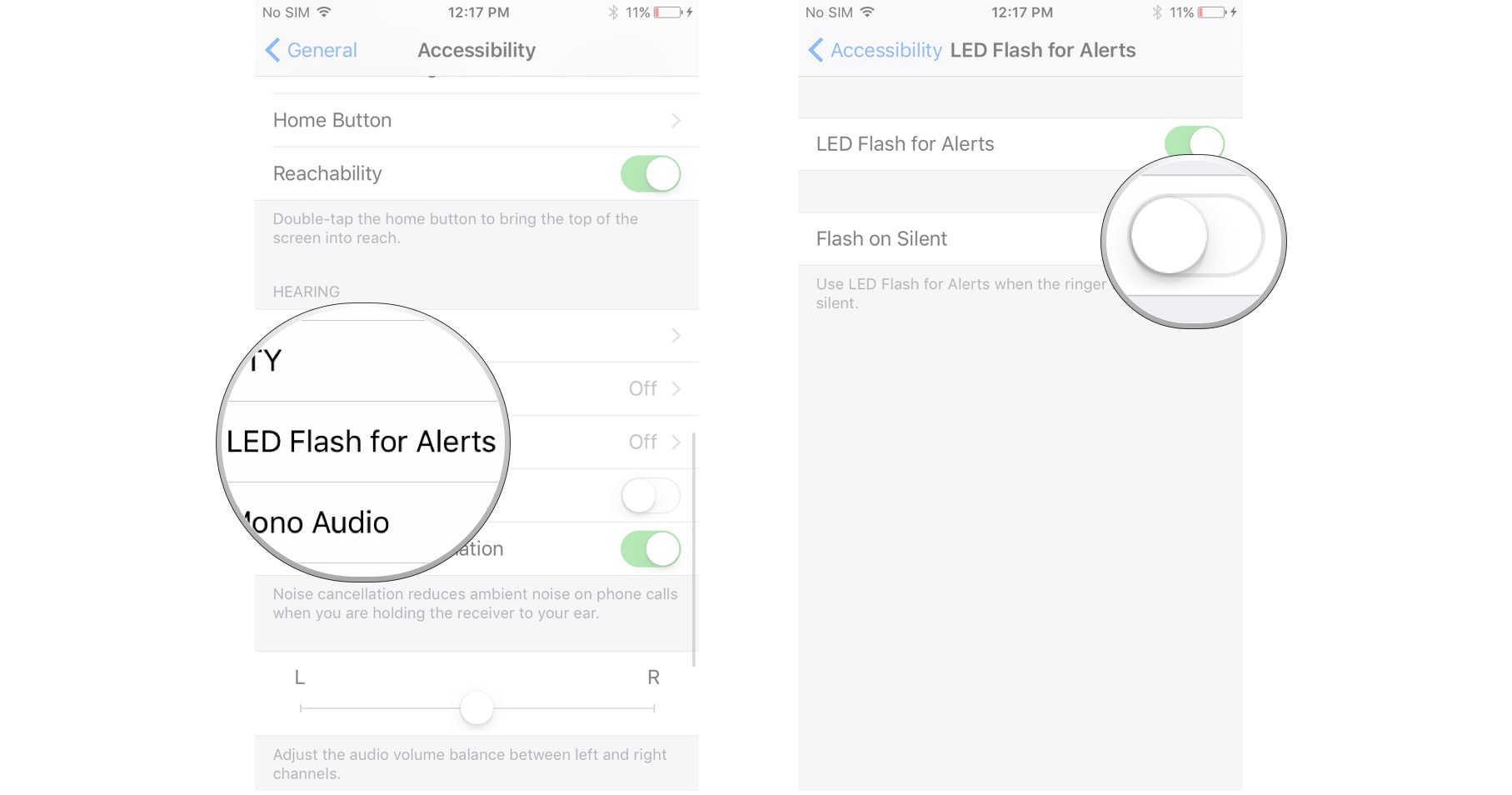 Tap LED Flash for Alerts, tap the switch next to Flash on Silent