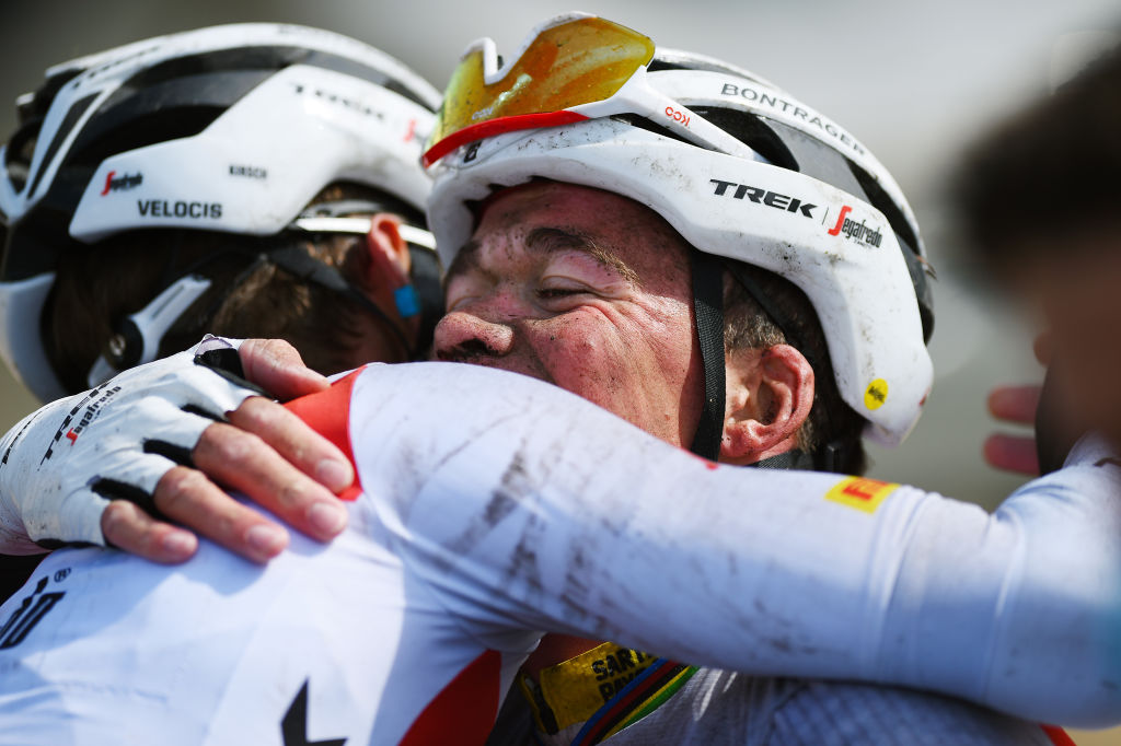 SABLESURSARTHE FRANCE APRIL 07 Mads Pedersen of Denmark and Team Trek Segafredo Yellow Leader Jersey celebrates winning with a teammate during the 68th Circuit Cycliste Sarthe Pays de la Loire 2022 Stage 3 a 1765km stage from Sabl sur Sarthe to Sabl sur Sarthe CircuitSarthe on April 07 2022 in SablesurSarthe France Photo by Dario BelingheriGetty Images
