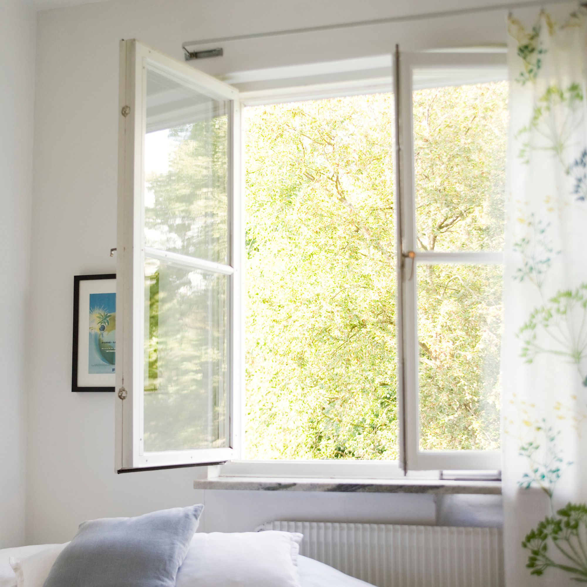 Open window in light, bright room with a view of trees