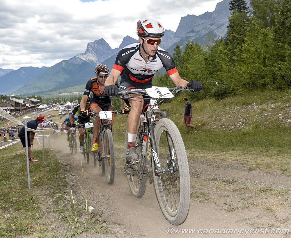 Peter Disera (Norco Factory Team) leads Leandre Bouchard (BH SR Suntour KMC)