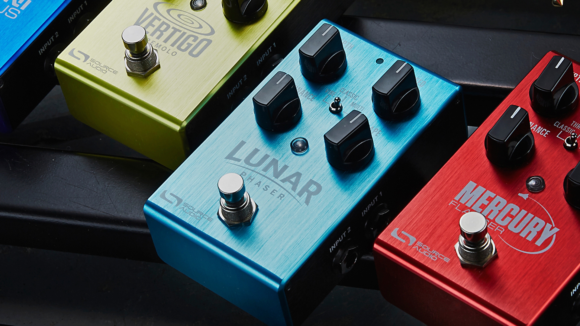 A Source Audio Lunar phaser pedal on a pedalboard