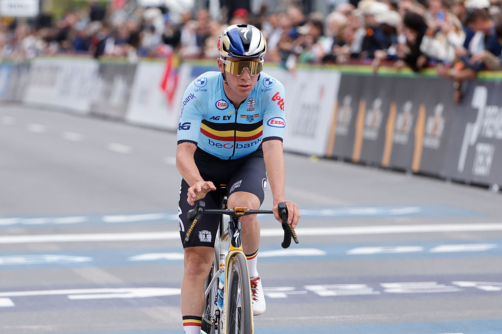 Remco Evenepoel crosses the line solo in 12th place at the 2026 Road World Championships