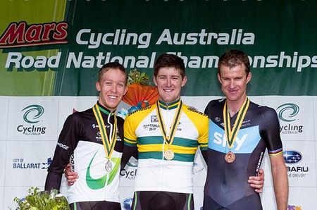 The men's elite podium (l-r): Cameron Meyer (2nd), Luke Durbridge (1st) and Michael Rogers (3rd).