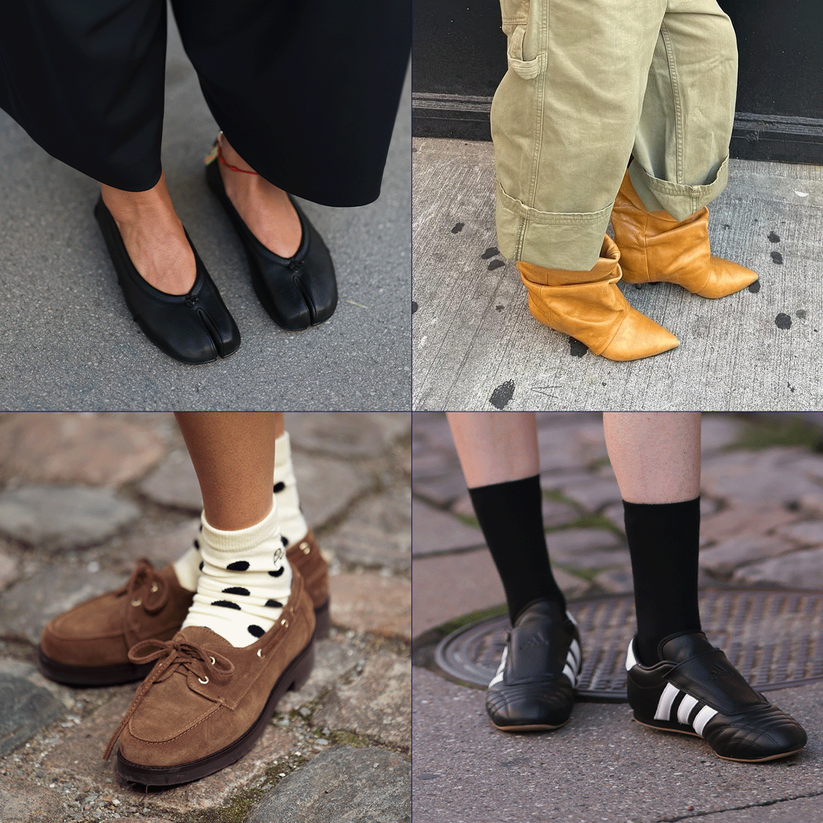 A collage of Tory Burch heels, Tabi ballet flats, slouchy boots, suede boat shoe loaders, Jil Sander pumps, and Adidas sneakers. 