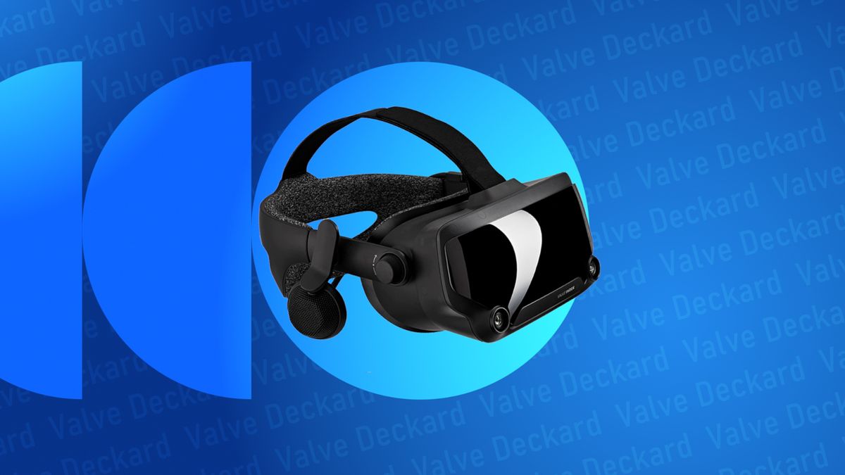 Picture of a Valve VR headset (Index) on the Valve Index logo with the words Valve Deckard appearing on a blue backdrop.