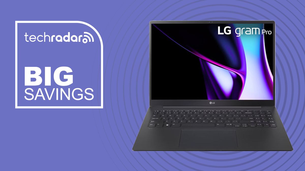 The LG Gram 16 Pro on a blue background with a TechRadar &#039;Big Savings&#039; bade.