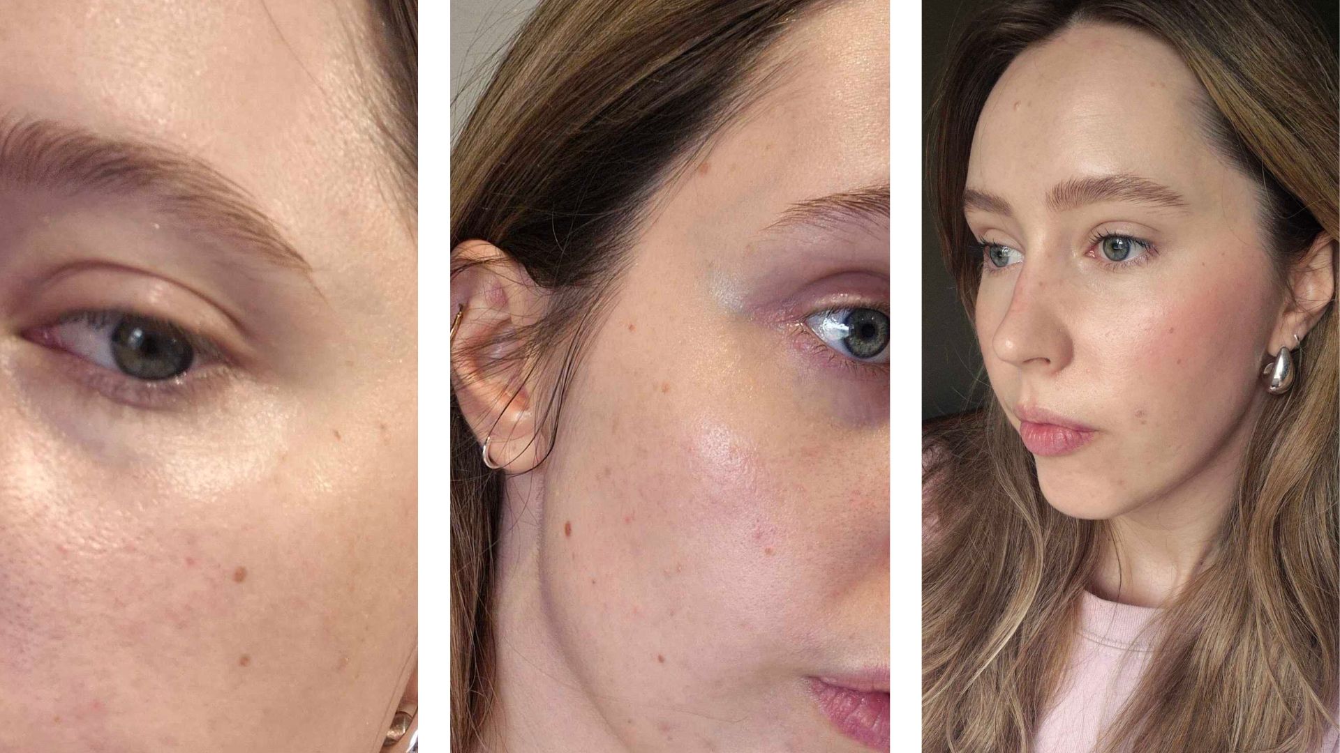 On the left and in the middle are close-ups of Digital Beauty Writer, Naomi Jamieson's skin after cleansing and applying the LANEIGE Cream Skin Cerapeptide Toner and Moisturiser. Then, on the right, is a picture of Naomi wearing makeup, to show the glowy effects of the Laneige Toner under foundation.