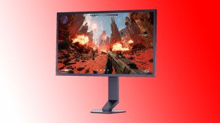 An LG UltraGear 25G590B gaming monitor on a red and white background.
