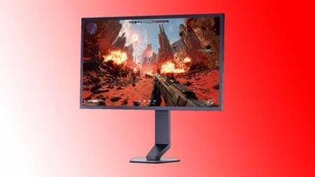 An LG UltraGear 25G590B gaming monitor on a red and white background.