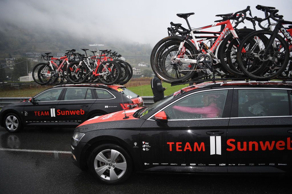 ASTI ITALY OCTOBER 23 Wilco Kelderman of The Netherlands and Team Sunweb Pink Leader Jersey Race neutralised due to heavy rain and team riders protest Car Detail view during the 103rd Giro dItalia 2020 Stage 19 a 258km stage from Morbegno to Asti girodiitalia Giro on October 23 2020 in Asti Italy Photo by Tim de WaeleGetty Images