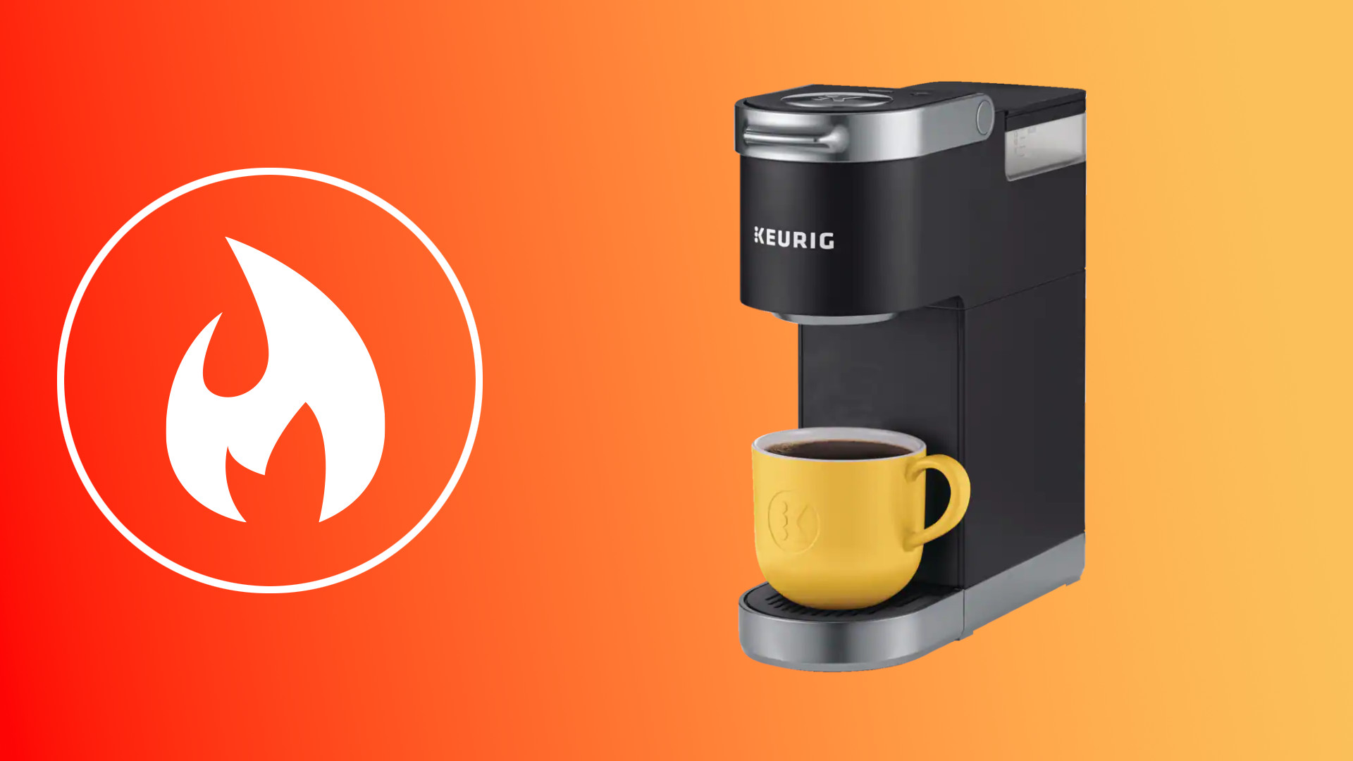 Keurig K-Mini coffee maker on orange background with fire symbol