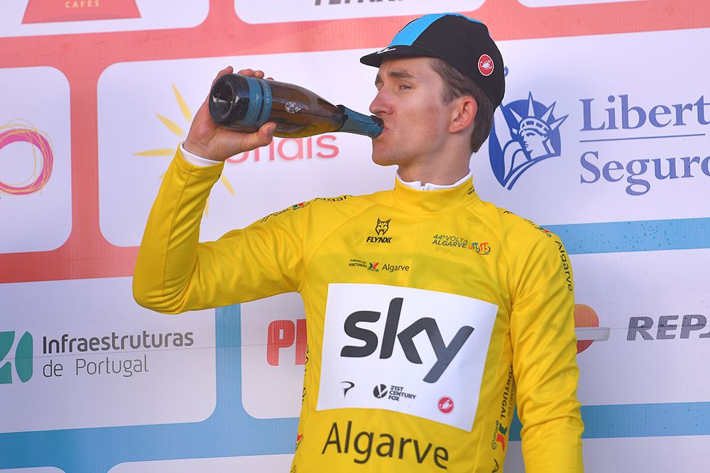 Michal Kwiatkowski celebrates winning the 2018 Volta ao Algarve