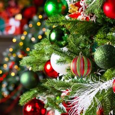 Christmas tree and home holiday decorations with balls and lights