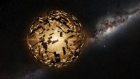 An illustration of a golden geometric sphere floating in space with the Milky Way in the background