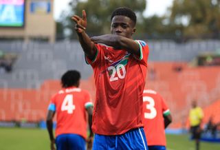 Adama Bojang of Gambia celebrates after scoring the first goal of his team during a FIFA U-20 World Cup Argentina 2023 Group F match between Gambia and Honduras at Estadio Malvinas Argentinas on May 22, 2023 in Mendoza, Argentina.