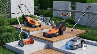 A selection of lawn mowers and strimmers.