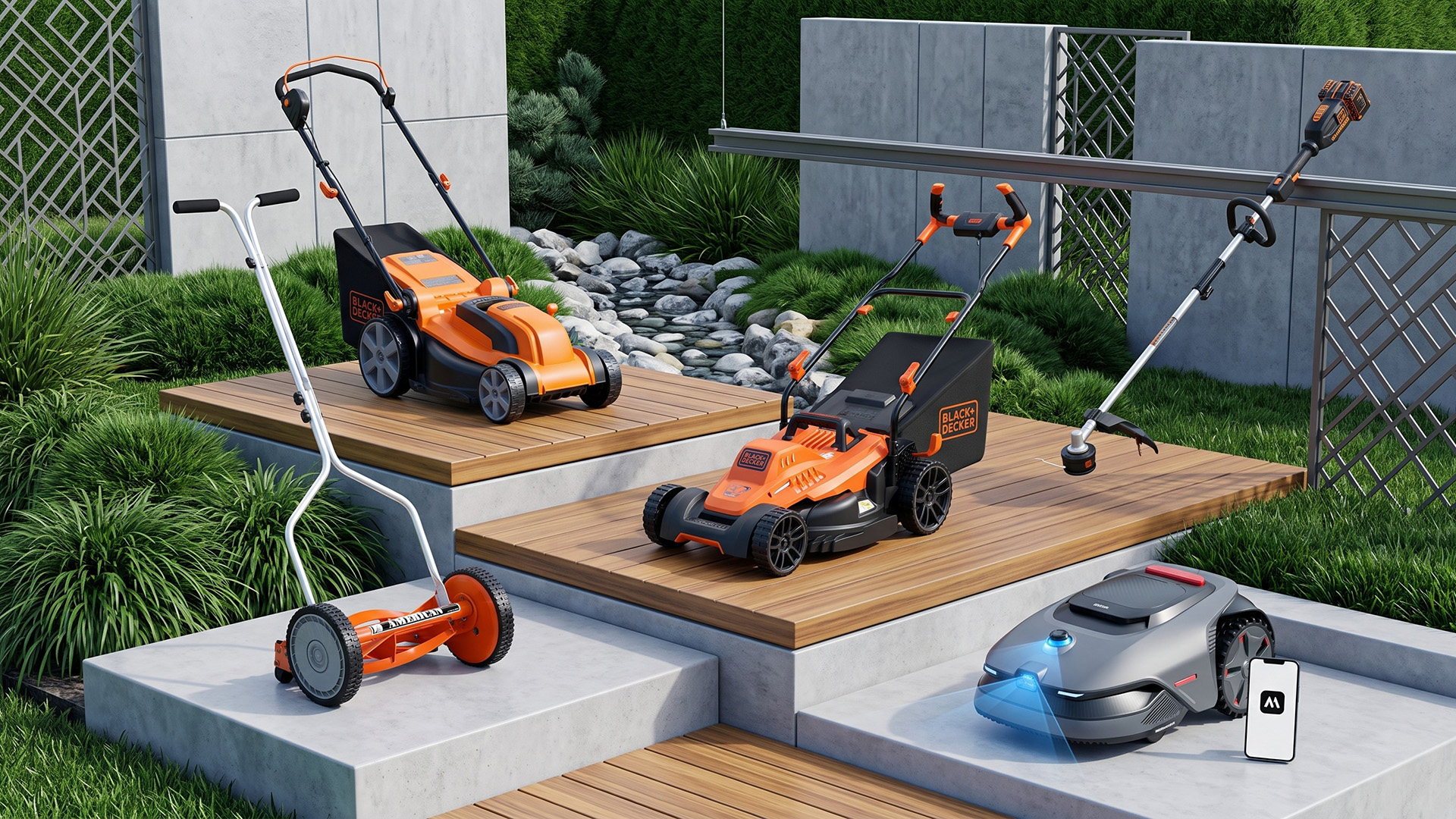 A selection of lawn mowers and strimmers.