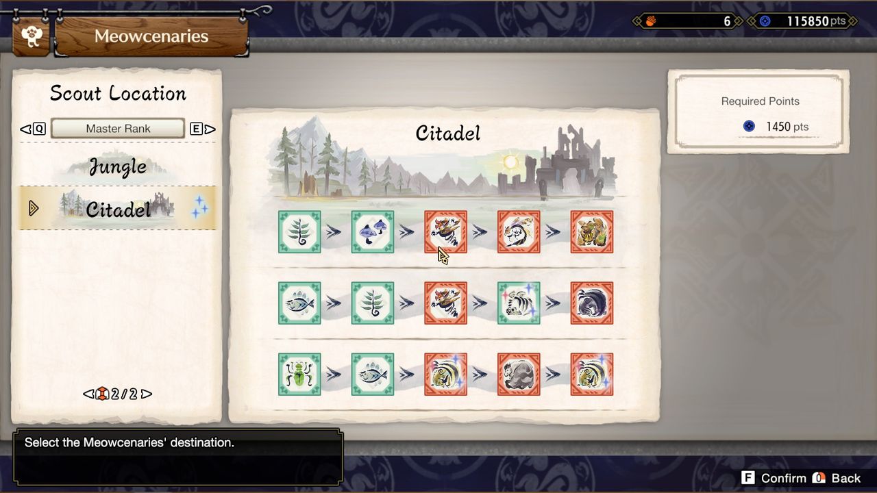 Sunbreak Meowcenaries menu with scouting locations for the Jungle or Citadel available