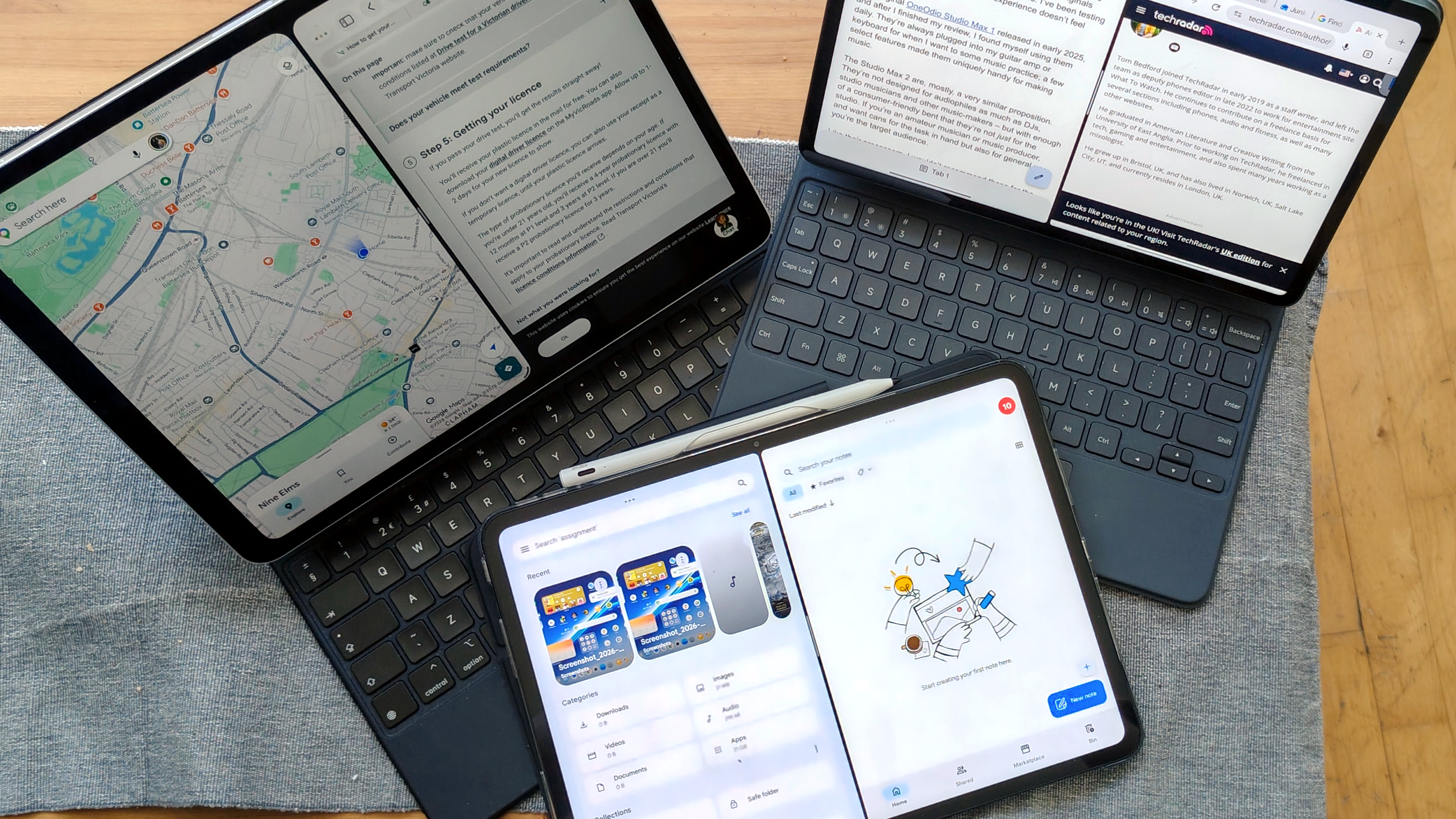 An iPad Pro, Xiaomi Pad 8 and OnePlus Pad Go 2 all next to each other.
