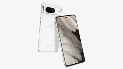 Leaked renders of the Google Pixel 8 in a white finish, on a white background