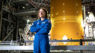 NASA and Artemis II astronaut Christina Koch stands inside Kennedy Space Center&rsquo;s Vehicle Assembly Building on July 14, 2021. On Oct. 13, 2026, NASA announced she will serve next as the agency&rsquo;s acting deputy chief engineer.