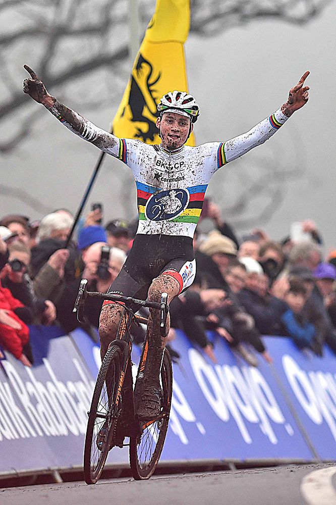 Mathieu van der Poel (Ned) BKCP - Corendon celebrates his victory in Hoogerheide