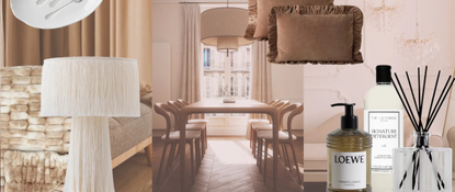 collage of different modern parisian apartments with apartment essentials on top like a small space cream lamp, hand soap, detergent, a diffuser, and pillows