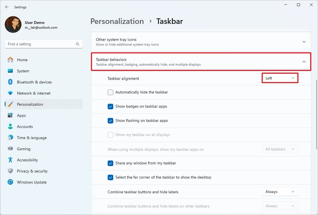 Windows 11 Taskbar align left