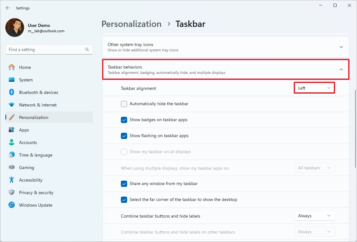 Windows 11 Taskbar align left