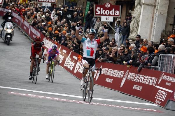 Philippe Gilbert celebrates his 2011 Strade Bianche win.