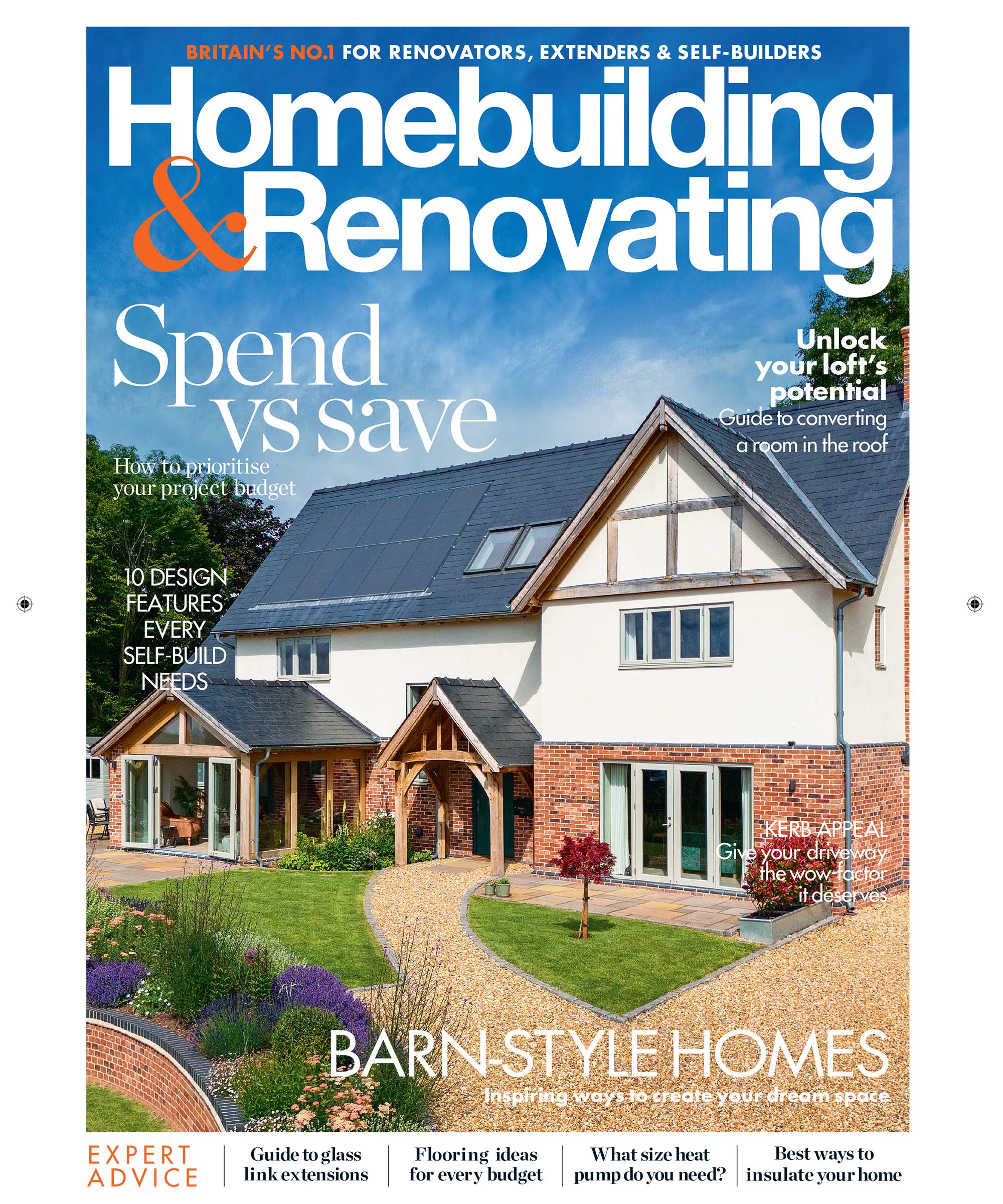 front cover of the October issue of Homebuilding &amp;amp; Renovating magazine showing the exterior of an oak frame home with white render and a gravel driveway