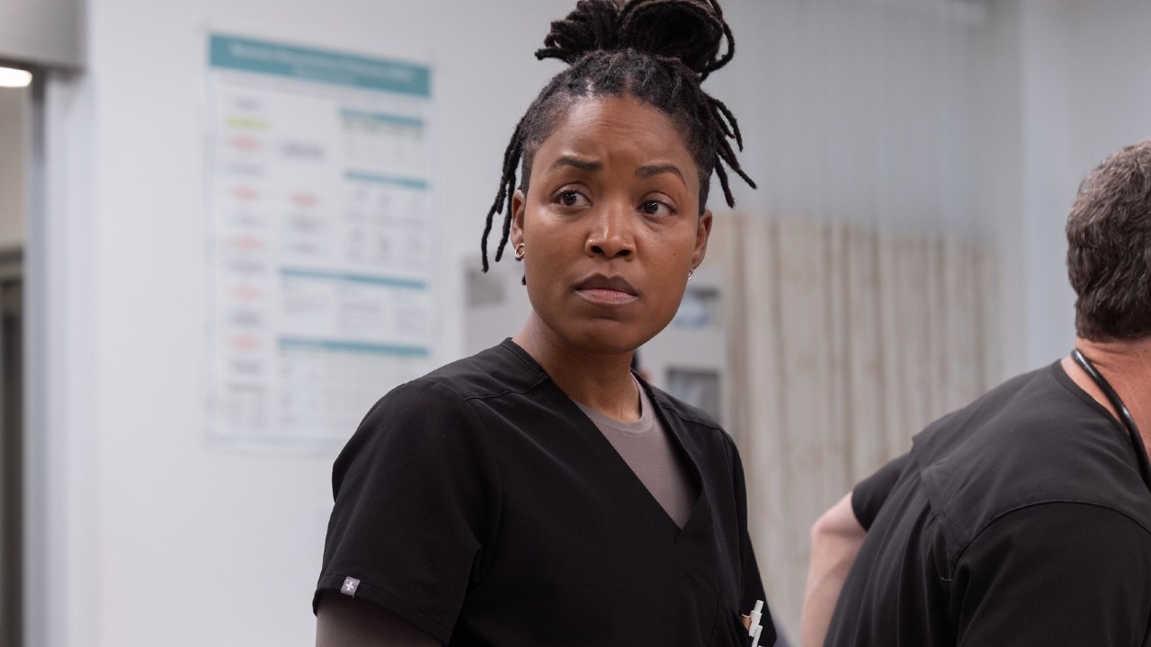 Dr. Ellis in The Pitt looking serious.