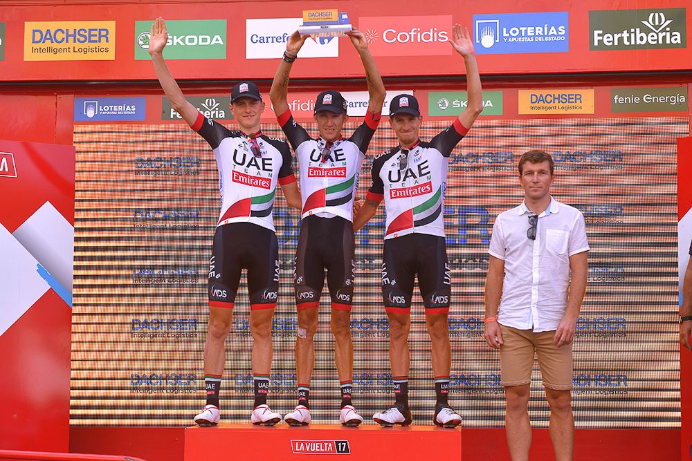 UAE Team Emirates riders on the Vuelta's stage 7 podium
