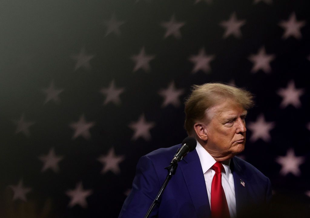 Donald Trump delivers remarks during a campaign rally at the Reno-Sparks Convention Center on December 17, 2023 in Reno, Nevada