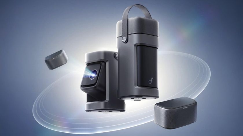 Anker Nebula P 1 projector rendered image showing front, back and detachable speakers