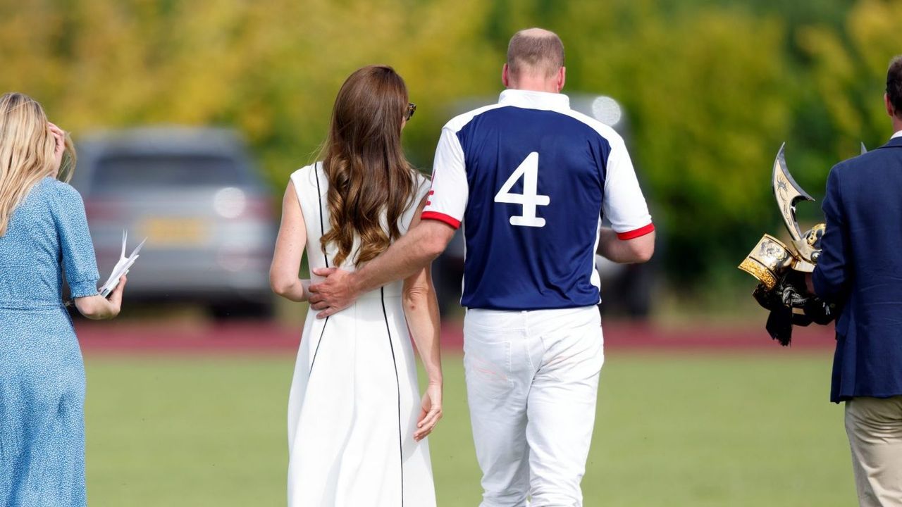 Catherine, Duchess of Cambridge and Prince William, Duke of Cambridge, with their dog &#039;Orla&#039;, attend the Out-Sourcing Inc. Royal Charity Polo Cup at Guards Polo Club, Flemish Farm on July 6, 2022 in Windsor, England.