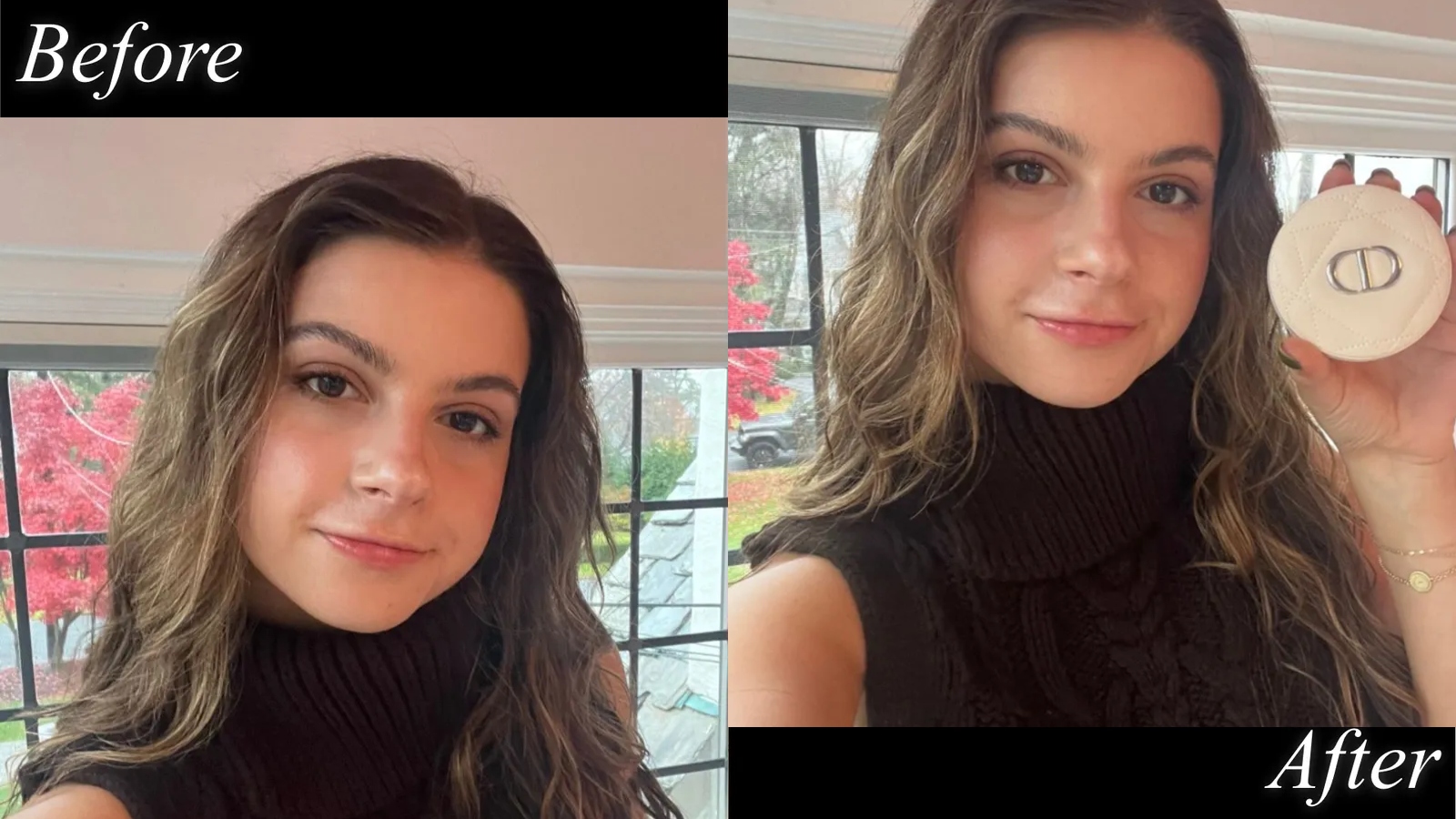 Danielle Cohen is using the Dior Natural Bronzer with curly long brown hair and a turtleneck sweater, tank top against a window.
