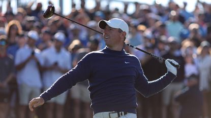 Rory McIlroy reacts to shot on 18th tee at The Players Championship.
