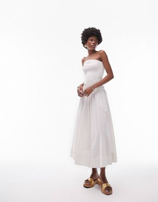 Topshop Shirring Bandeau Midi Dress in Ivory