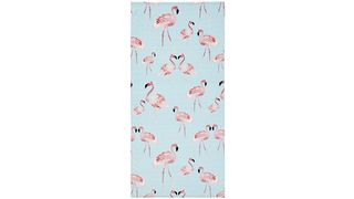 Beach towel with motif of pink flamingoes on blue and white background