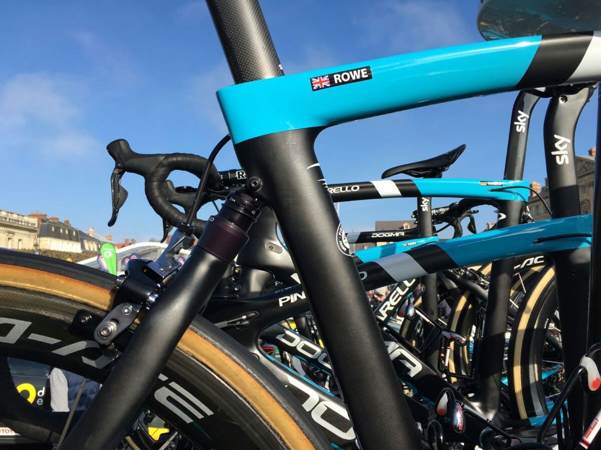 Luke Rowe's spare Pinarello K8 sits atop the team car