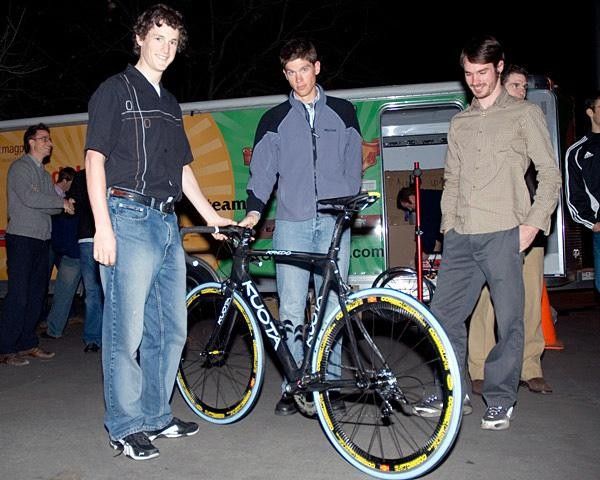 Cody O'Reilly, Skyler Bishop and Dan Timmerman check out their new Kuota Kredo team bikes.