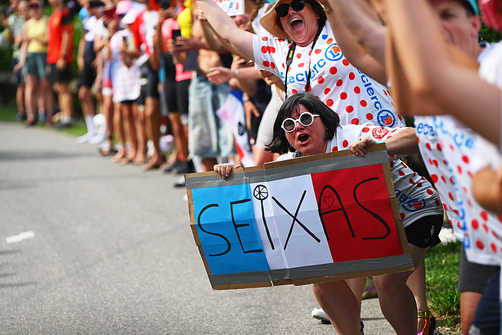 Fans of Paul Seixas of France and Decathlon CMA CGM Team - White Best Young Rider Jersey during the 113th Tour de France 2026, Stage 15