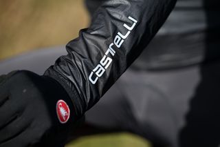 Close up of Castelli branding on the sleeve of a Squall Shell