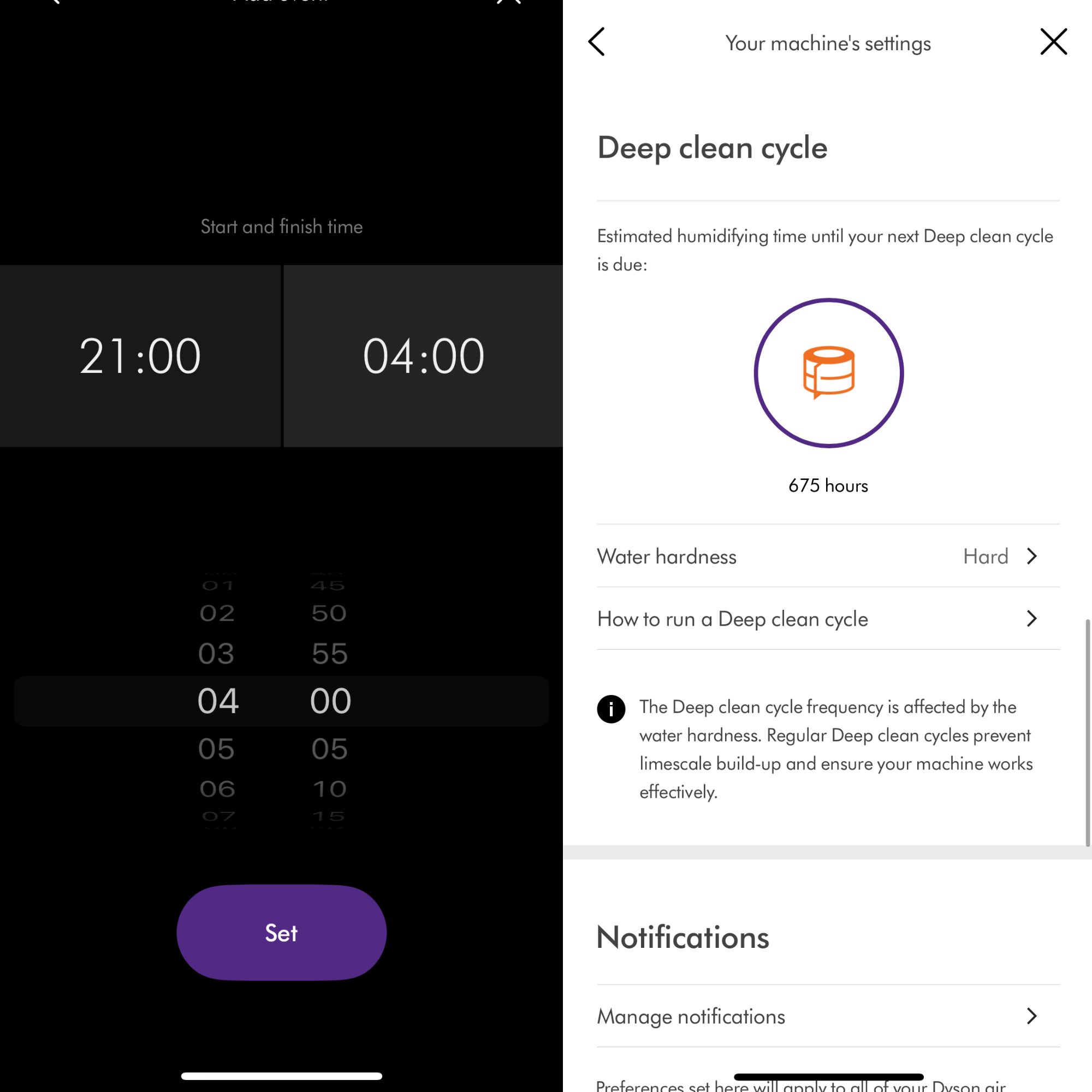 Screenshots of the app for the Dyson Purifier Humidify+Cool PH2 De-Nox