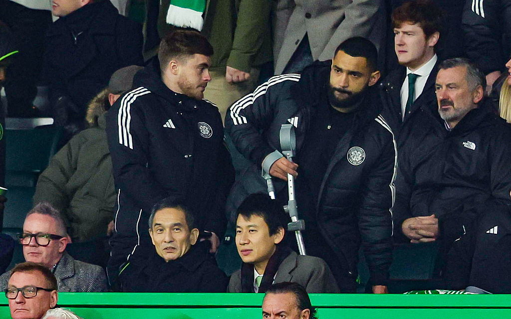 Celtic's Cameron Carter-Vickers (R) and James Forrest during a William Hill Premiership match between Celtic and Dundee at Cetlic Park, on December 03, 2025, in Glasgow, Scotland
