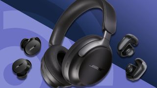 Bose headphones and earbuds on purple TechRadar background