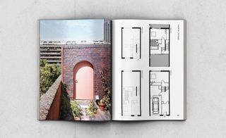 Book design featuring apartment plans side by side with photography of the Barbican
