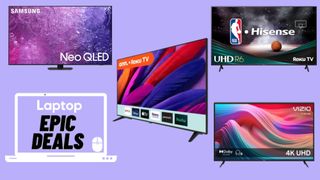 Hisense, onn., Samsung QLED, and Vizio TVs against purple background