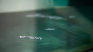 Microplastic pellets float on the surface of water in the wind wave tank at the U-M Marine Hydrodynamics Laboratory as part of a study to determine how they affect measurements of surface roughness.